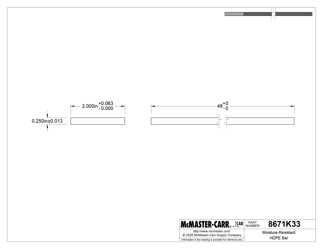 Technical Drawing of Moisture-Resistant HDPE Bar, 2" Wide x 1/4" Thick x 4 Feet Long.